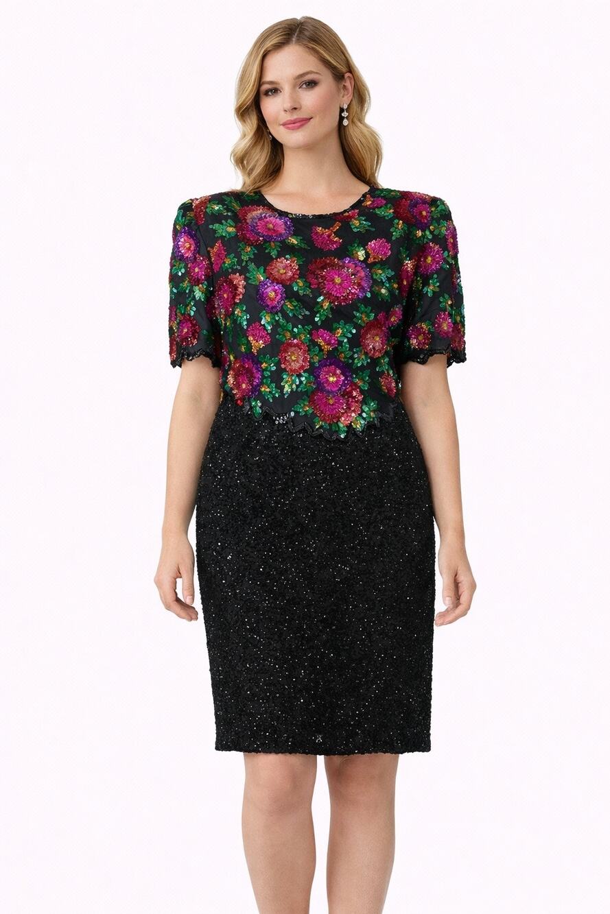 1980s Lawrence Kazar Silk Beaded Floral Cocktail Dress large to XL